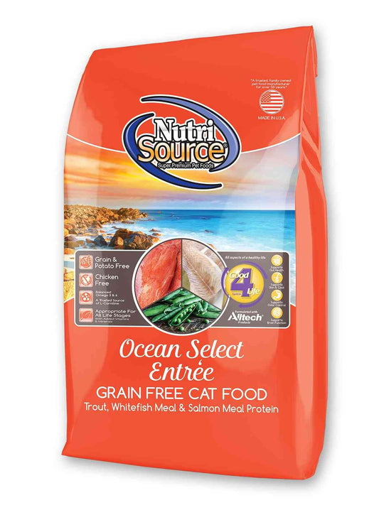 Orange bag of NutriSource Grain-Free Cat Food with ocean scene, featuring fish, green beans, and salmon meal, 15LB dry food