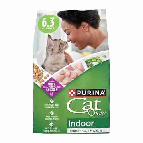 Silver bag of Purina Cat Chow Indoor Dry Cat Food with green accents, featuring a woman and cat, 6.3 lb. size, with chicken flavor, SKU: B008BDV6MO