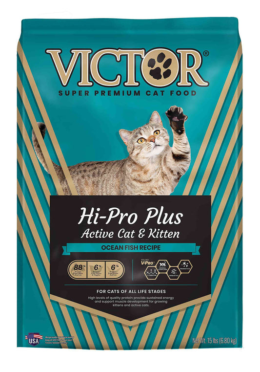 Victor Super Premium Cat Food packaging featuring a gray tabby cat with raised paw, teal background, and black label with product details