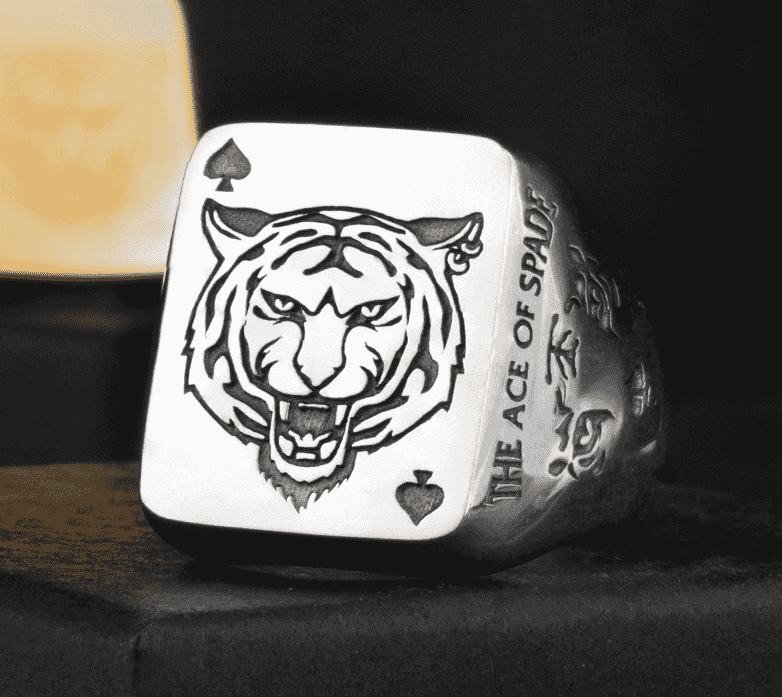 Black and silver engraved tiger face ring with spade symbol, trendy men's zodiac jewelry, adjustable size, SKU: 1781288002039341057