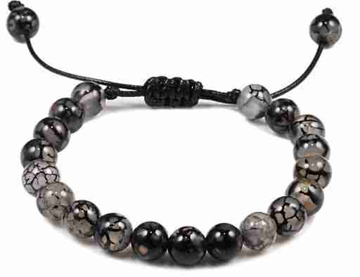 8mm black and gray marbled gemstone beaded bracelet with black adjustable cord, round polished beads, perfect for modern jewelry