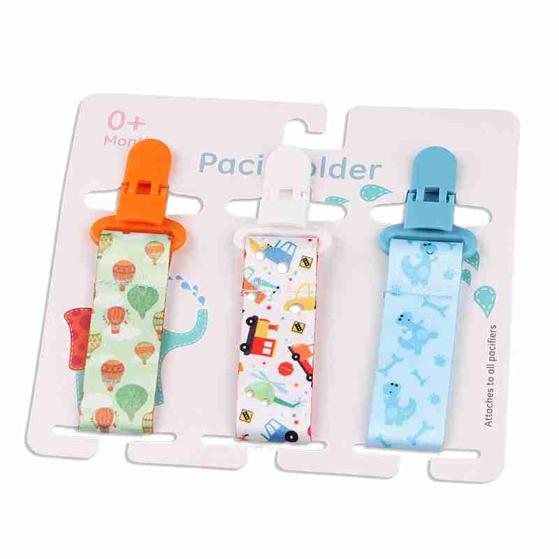 Colorful baby pacifier teether clips with vibrant patterns, durable plastic clips, and fabric straps for secure pacifier attachment