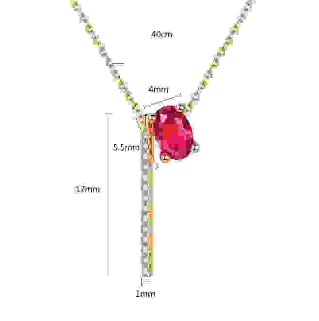 Technical diagram of the red gemstone necklace showing dimensions: 40cm chain length, 17mm pendant height, and 9.5mm width