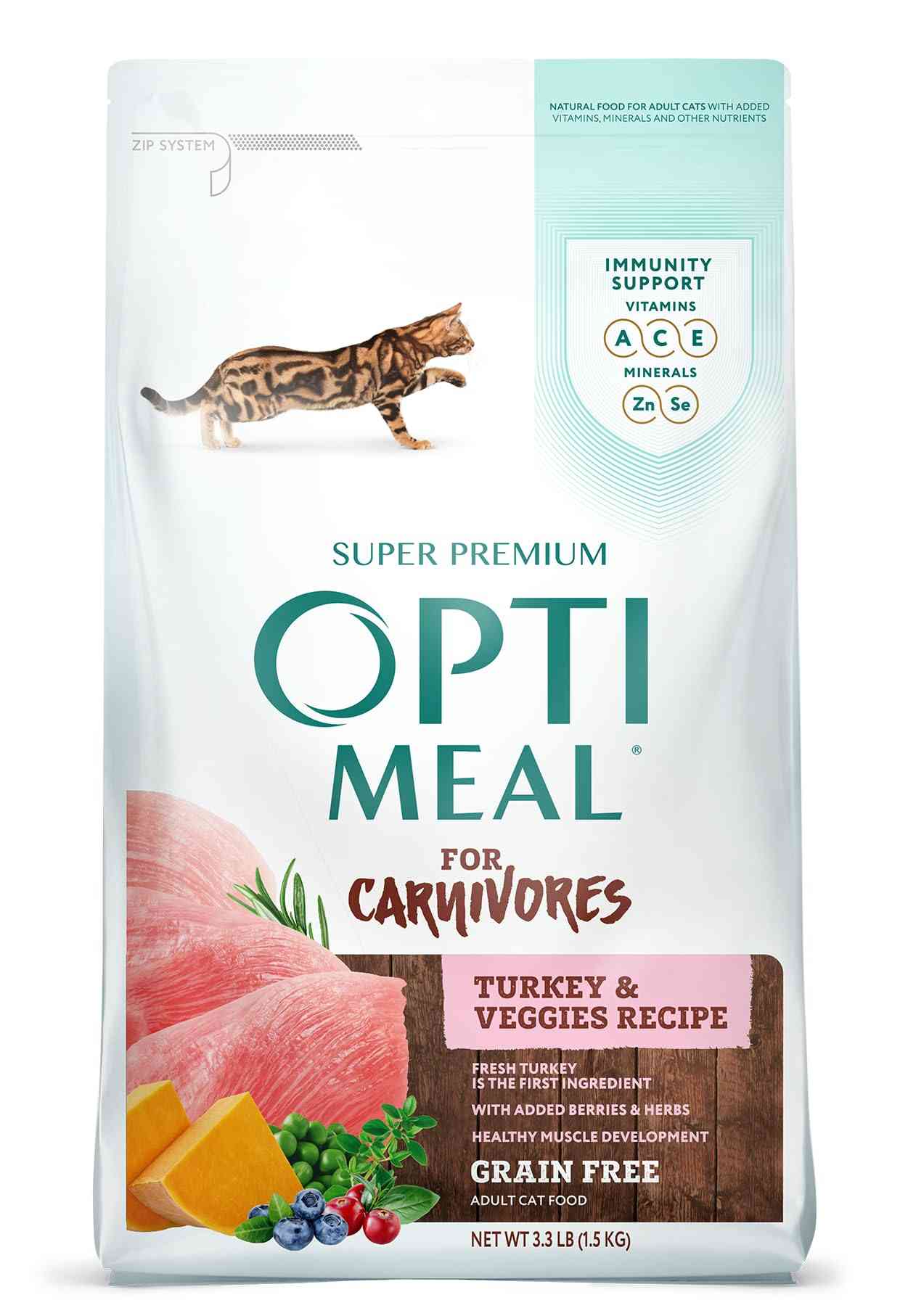 Optimeal grain free adult cat food bag featuring a playful Bengal cat illustration, with images of turkey, vegetables, berries, and herbs, 3.3 lbs