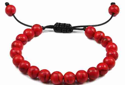 8mm red gemstone beaded bracelet with black adjustable cord, round polished beads, suitable for bold fashion statements