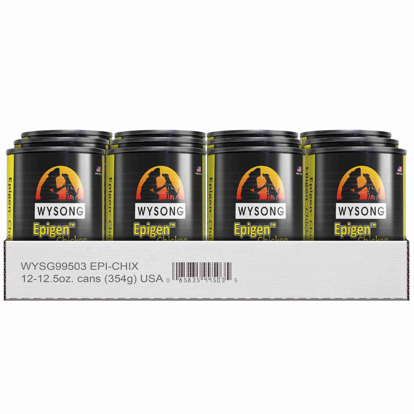 Close-up of the barcode and product details on the white shipping box for Wysong Epigen Chicken canned pet food, 12-12.5 oz cans