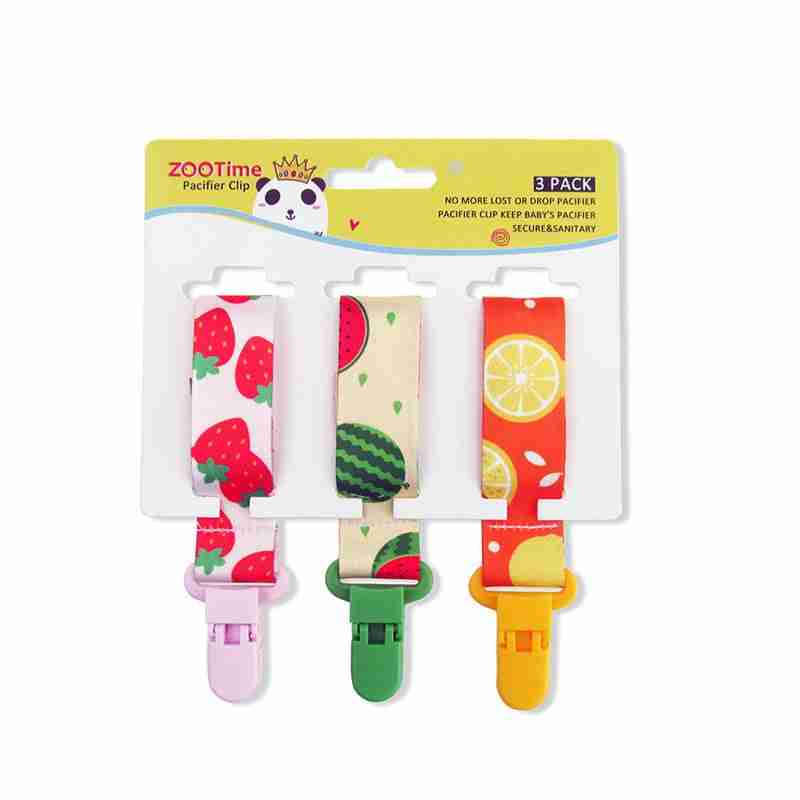 Colorful baby pacifier teether clips with vibrant strawberry, watermelon, and citrus fruit designs, durable plastic clips for secure attachment - SKU: 1788169185490903041