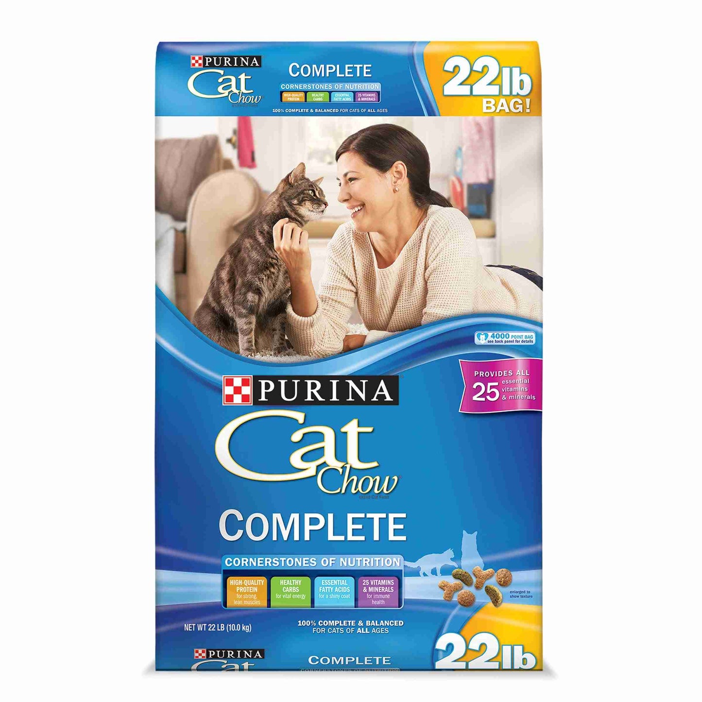 Close-up of Purina Cat Chow Complete 22 lb. bag with colorful label highlighting essential vitamins, minerals, and balanced nutrition for cats