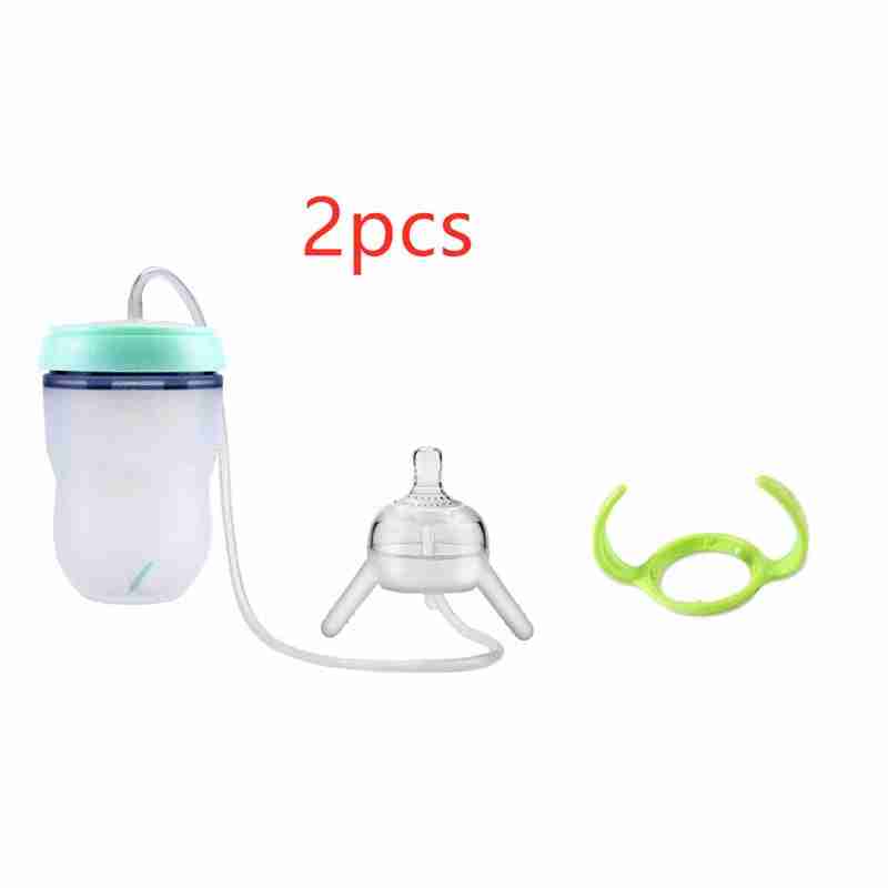 Set of two silicone sippy cups with spouts and a flexible ring for toddler drinking training, includes replacement parts for easy use