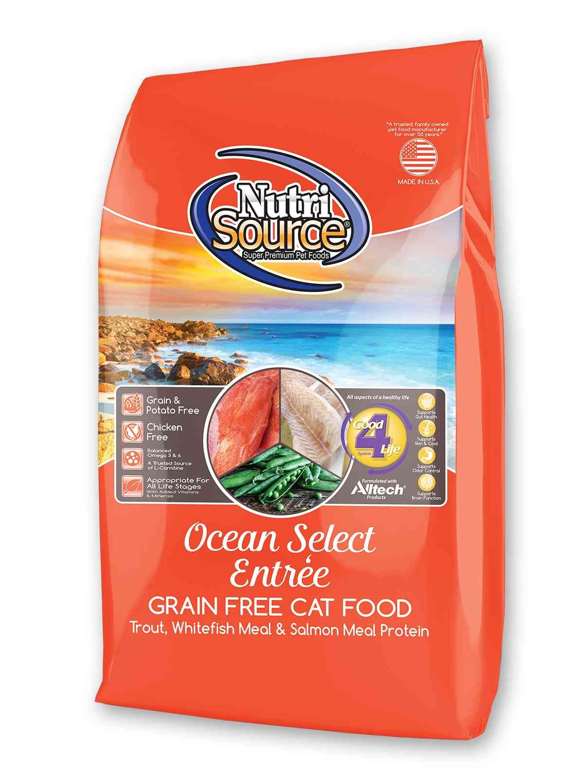 Close-up of NutriSource Grain-Free Cat Food packaging with ocean background, highlighting fish, green beans, and salmon meal