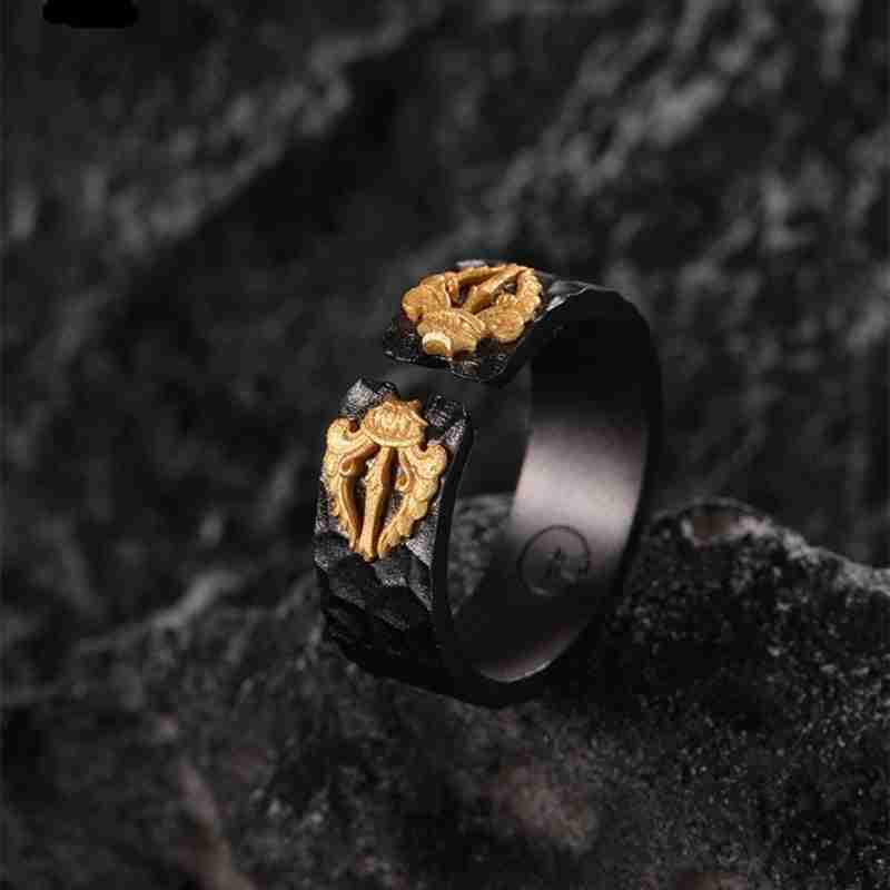 Black adjustable women's ring with gold dragon head accents, crafted from matte black metal, featuring intricate detailing, perfect for gothic or fashion-forward styles - SKU: 1781289591634415617