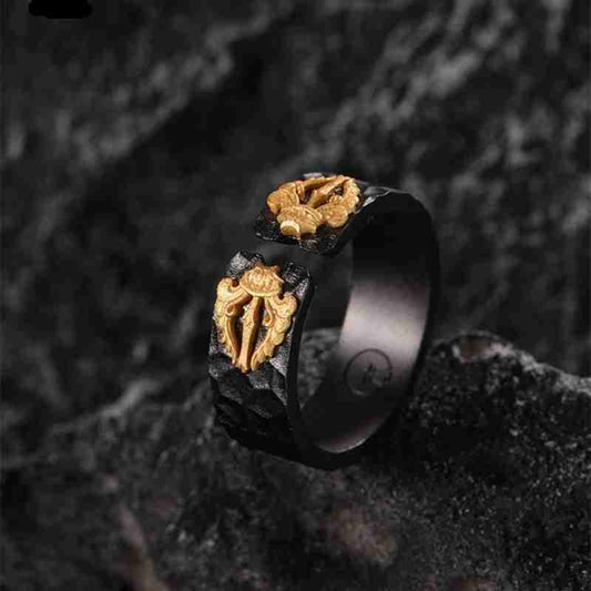 Black adjustable women's ring with gold dragon head accents, crafted from matte black metal, featuring intricate detailing, perfect for gothic or fashion-forward styles - SKU: 1781289591634415617