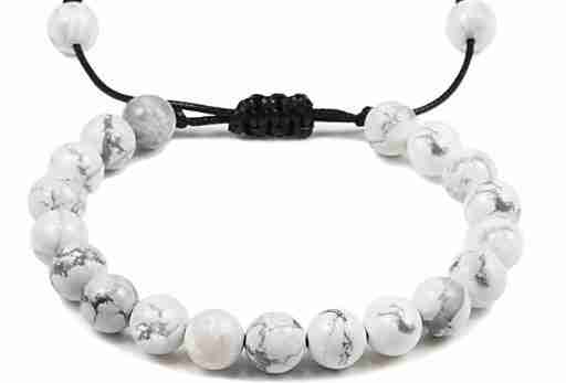 8mm white howlite marble beaded bracelet with gray veining on adjustable black cord