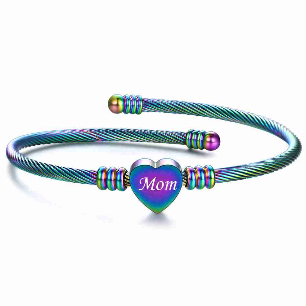 Rainbow-colored stainless steel braided bracelet with heart charm engraved 'Mom', stylish Mother's Day jewelry